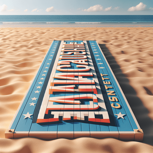 front view of a elongated horizontal banner on beach sand with text : "Sandcastle Contest"..
photorealistic