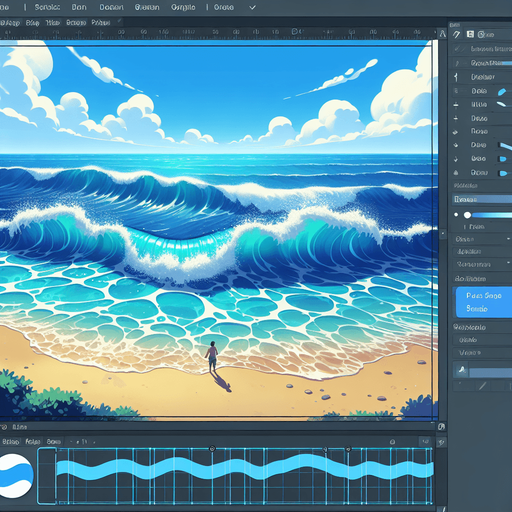 Create a cartoon-style illustration of the ocean and an empty sandy beach from the perspective of a person standing on the beach. The goal is to capture a lively and playful location..
Single Game Texture. In-Game asset. 2d. Blank background. High contrast. No shadows.