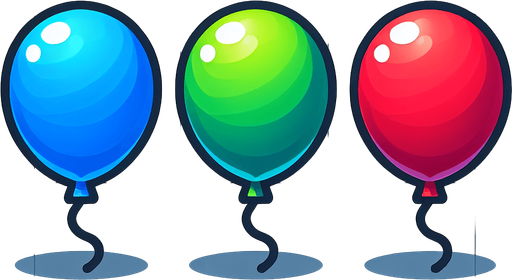 Blue, Green, Red Ballons..
Single Game Texture. In-Game asset. 2d. Blank background. High contrast. No shadows.