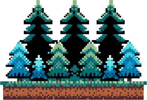 8-bit pixelated pinetree forest.
Single Game Texture. In-Game asset. 2d. Blank background. High contrast. No shadows.