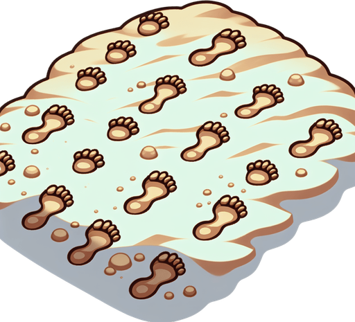 Create a cartoon-style illustration of footsteps in the sand.
Single Game Texture. In-Game asset. 2d. Blank background. High contrast. No shadows.