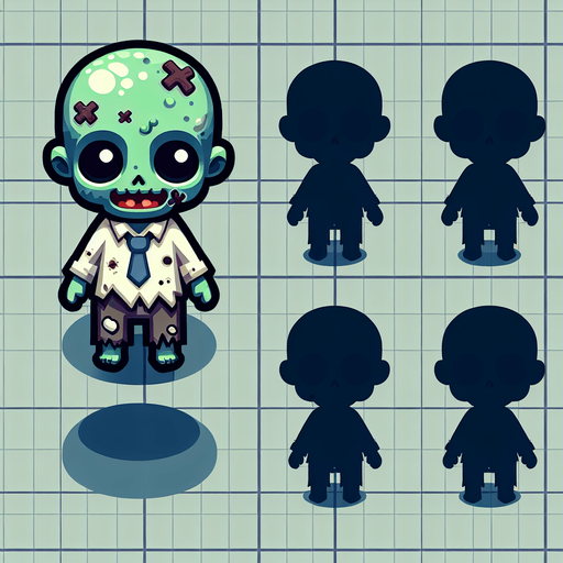 cute zombie character.
Single Game Texture. In-Game asset. 2d. Blank background. High contrast. No shadows. top down view. view from above. bird view