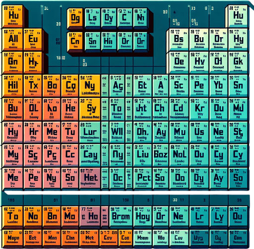 The periodic table of the elements..
Single Game Texture. In-Game asset. 2d. Blank background. High contrast. No shadows.