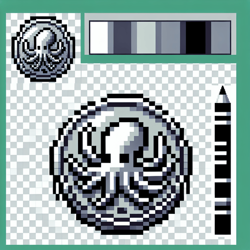 silver octo coin. pixelated. 8 bit.
Single Game Texture. In-Game asset. 2d. Blank background. High contrast. No shadows.