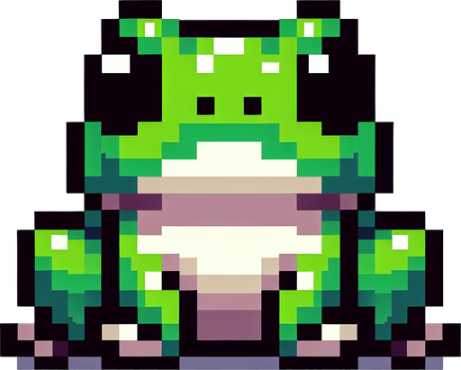 pixelated 8-bit cute sitting frog seen from the front.
Single Game Texture. In-Game asset. 2d. Blank background. High contrast. No shadows.