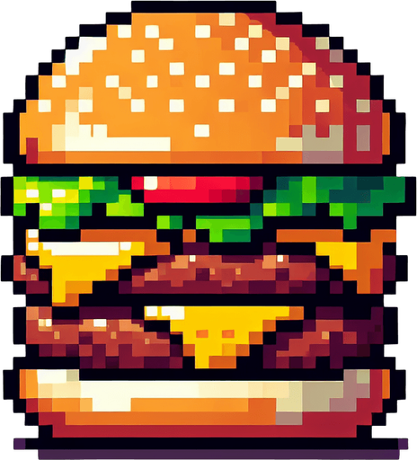 hamburger. pixelated. 8-bit.
Single Game Texture. In-Game asset. 2d. Blank background. High contrast. No shadows.