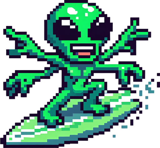 pixelart. a cool green alien in side perspective, surfing on a surfboard, arms out wide for balance. the alien should have a determined grin on his face, but not be scary looking. the alien should be green but could have multiple eyes, tentacles, or other unexpected features..
Single Game Texture. In-Game asset. 2d. Blank background. High contrast. No shadows.