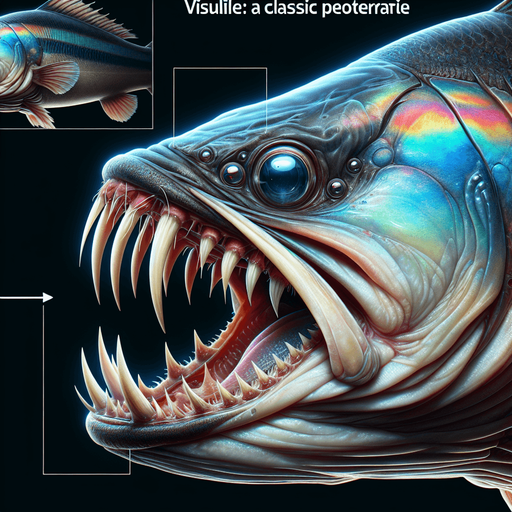 Classic fish with fangs lateral view..
2024 game style. Photorealistic