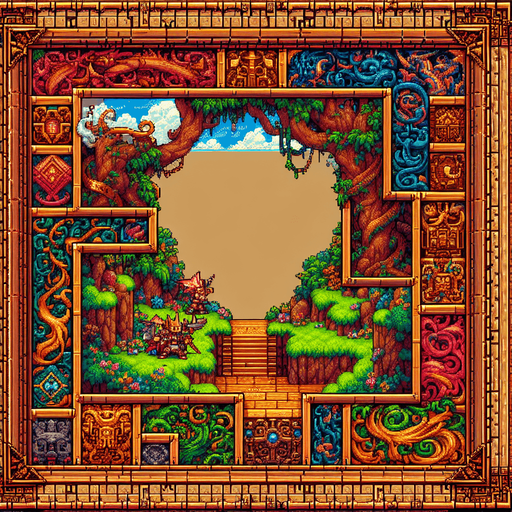 Wooden engrained frame. I want the art style to reflect a classic 16-bit retro pixel art aesthetic, reminiscent of early 1990s RPGs with vibrant colors. The environment should have a rich, fantasy-themed design with intricate backgrounds and a nostalgic, old-school feel..
Single Game Texture. In-Game asset. 2d. Blank background. High contrast. No shadows.